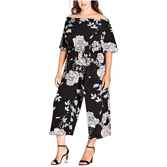 City Chic Floral Off the Shoulder Jumpsuit Elastic Waist size L/20 - Picture 1 of 9